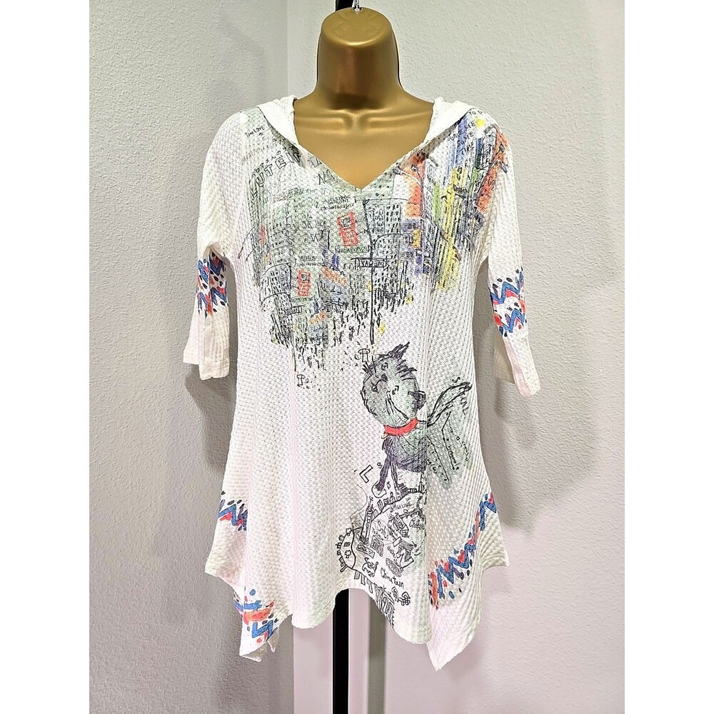 Inoah Hooded Waffle Knit Top Sm Cream Colorful Cat Lady Art to Wear Asymmetric